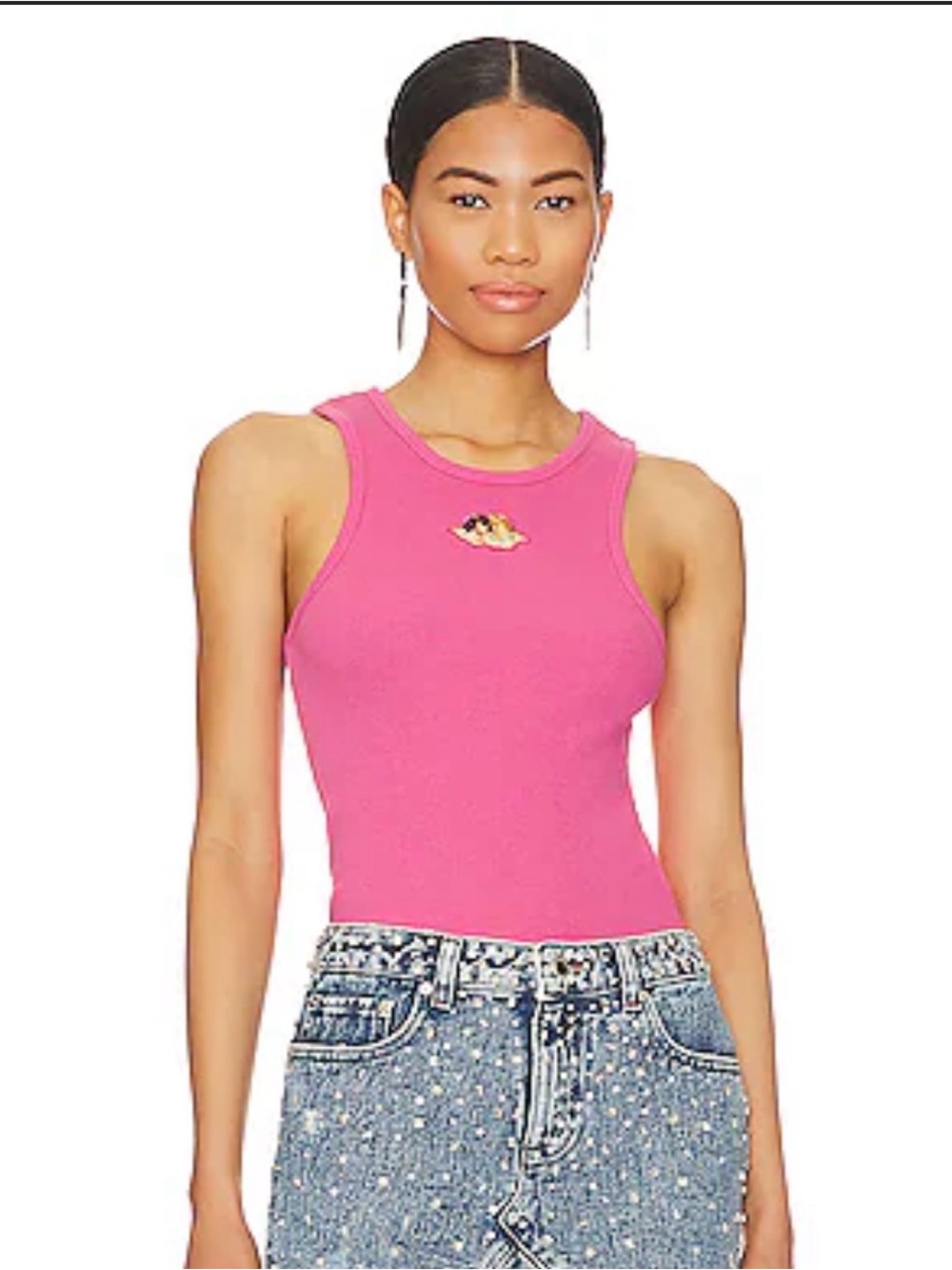 NWT Fiorucci Pink Ribbed Tank Top with Embroidered Angel Motif